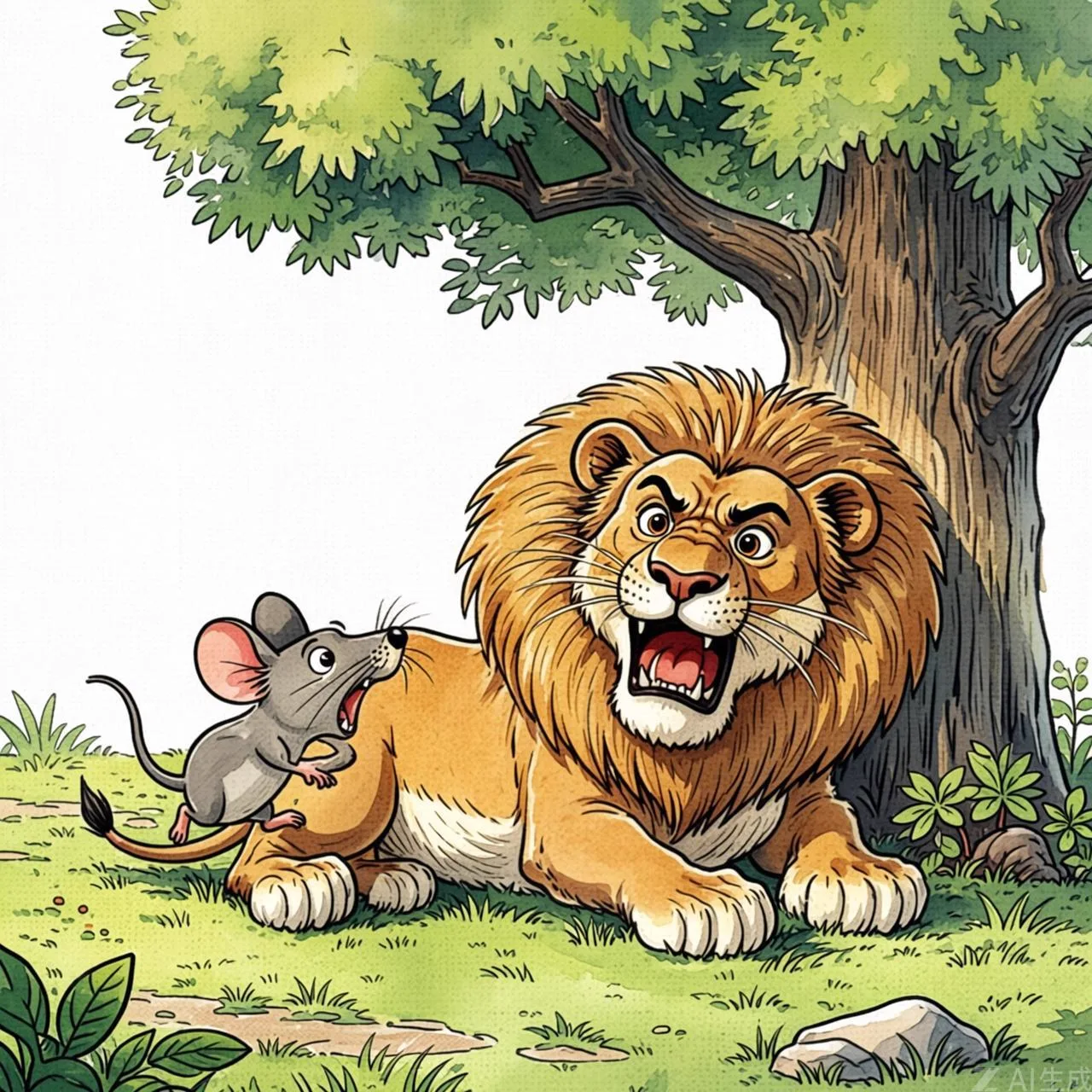 Un ratoncito corre sobre la panza de un león dormido bajo un árbol
