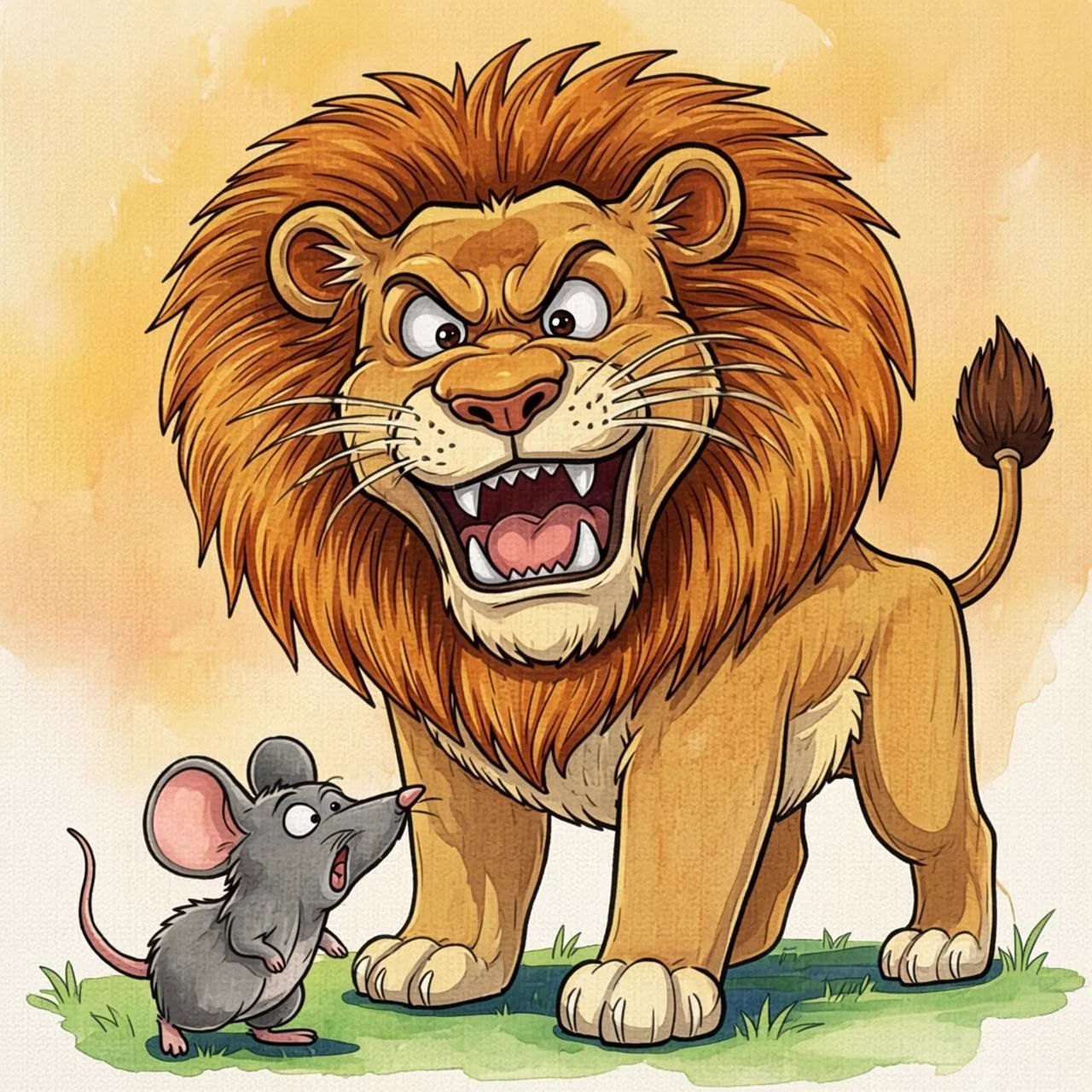 El león sostiene al ratoncito con su pata mientras el ratoncito le pide perdón asustado