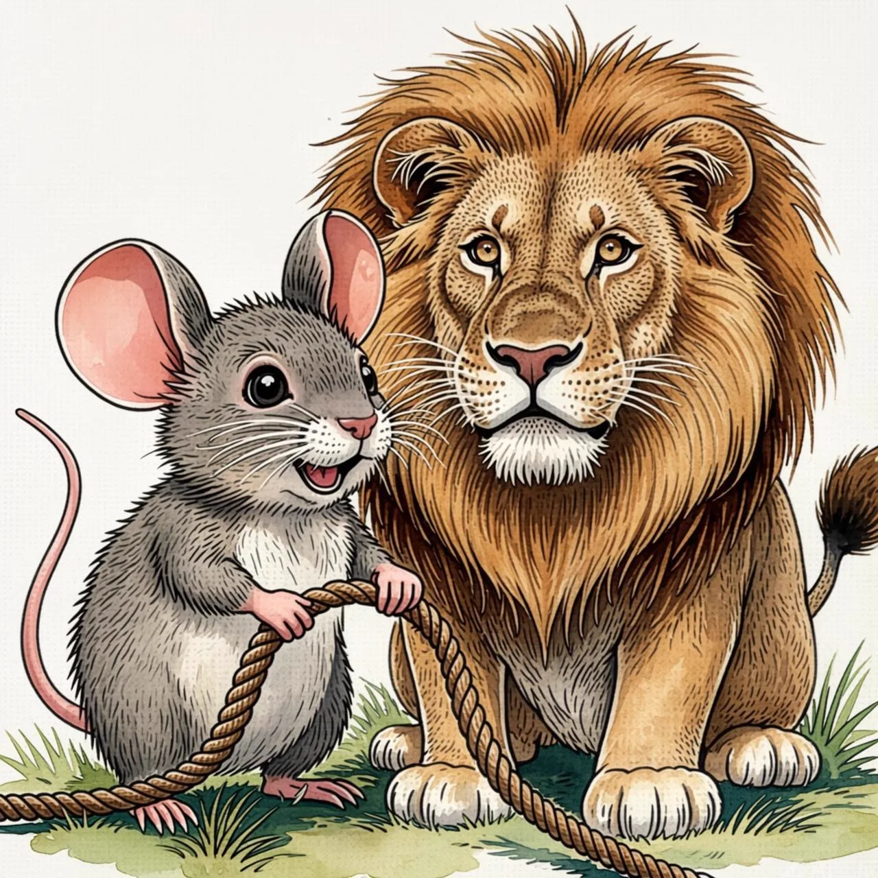 El ratoncito roe con sus dientes las cuerdas de la red para liberar al león