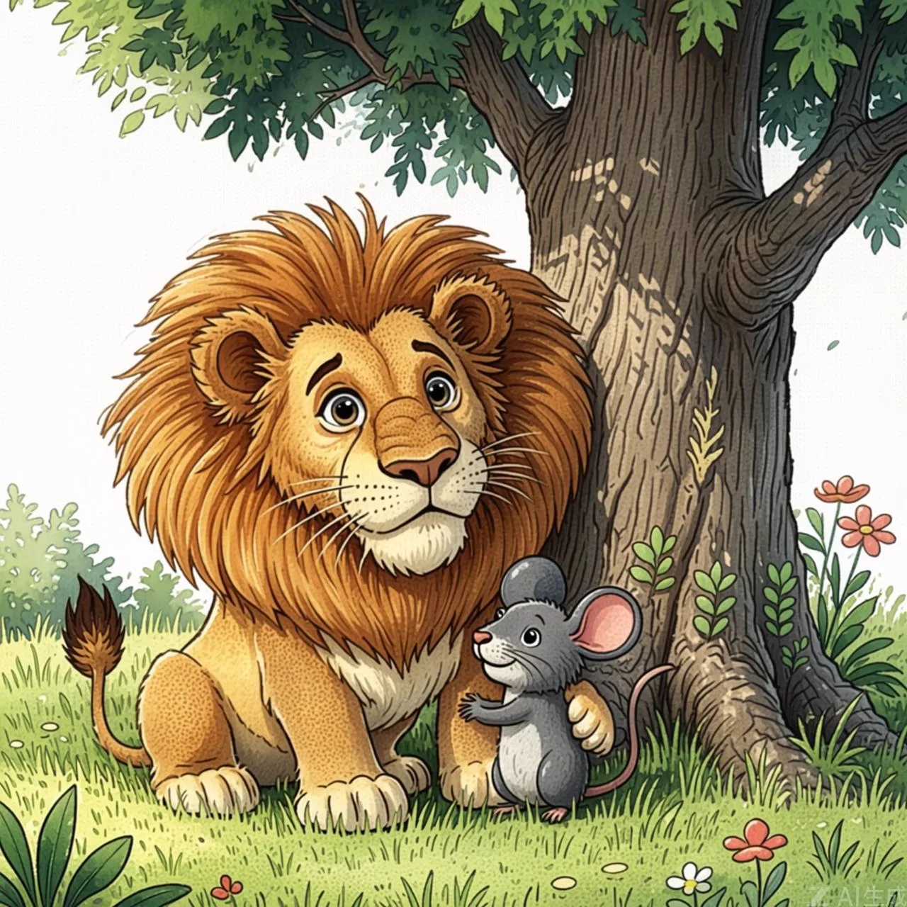 El león y el ratoncito, ahora amigos, descansan juntos bajo el mismo árbol