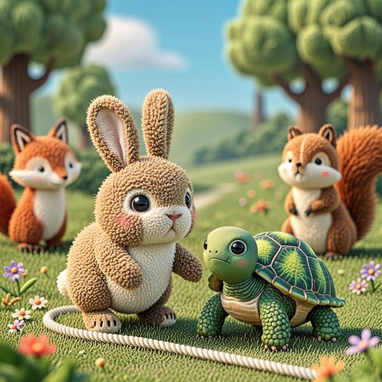 La liebre y la tortuga en la línea de salida mientras los animales del bosque miran