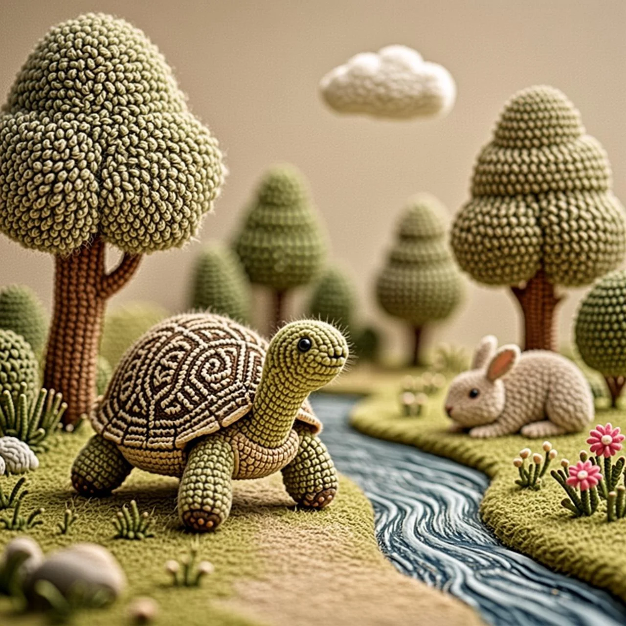 La tortuga pasa despacito junto a la liebre dormida bajo el árbol