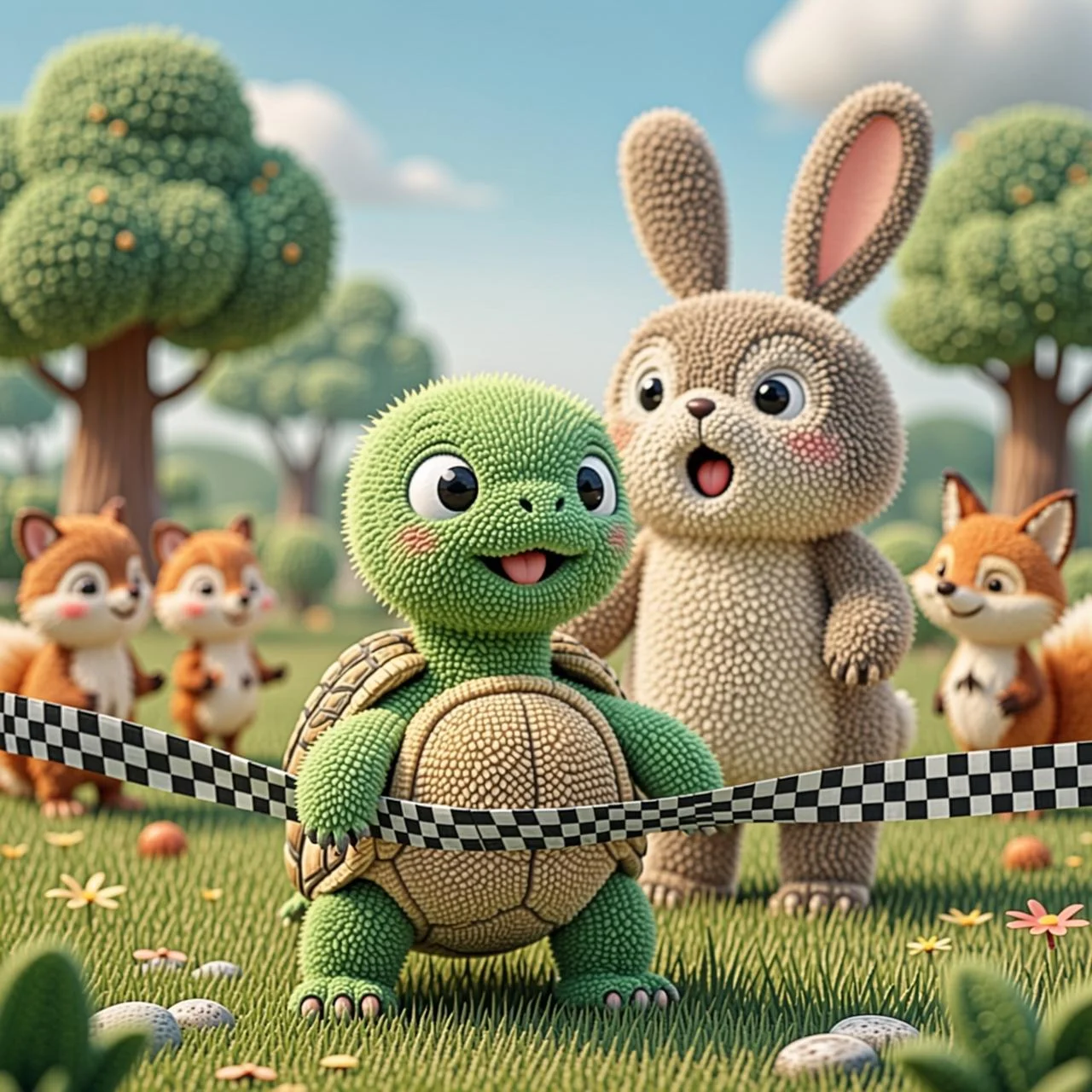 La tortuga cruza la meta feliz mientras la liebre llega tarde y sorprendida