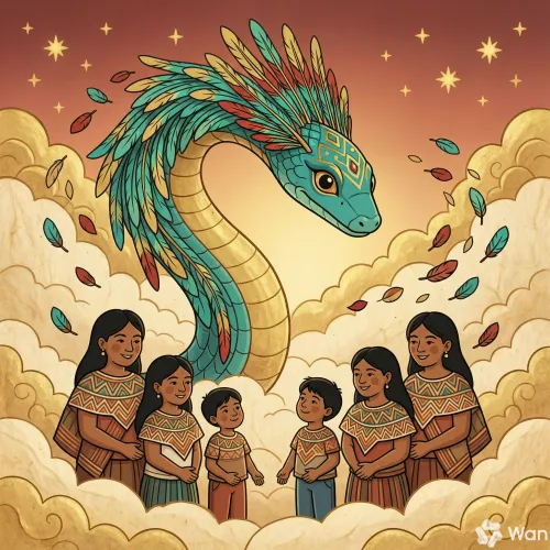 Quetzalcóatl, la serpiente emplumada de plumas brillantes, observando a las personas