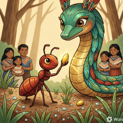 Una pequeña hormiga roja cargando un grano de maíz dorado y brillante