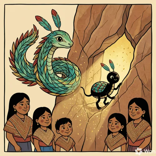 Quetzalcóatl transformado en una pequeña hormiga negra entrando por una grieta de la montaña