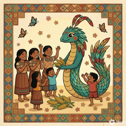 Quetzalcóatl entregando granos de maíz a las personas felices