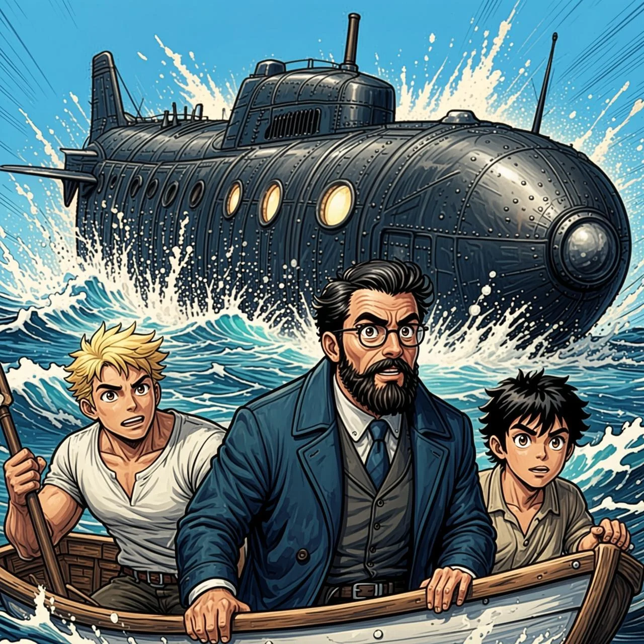 El gigantesco submarino de metal llamado Nautilus emergiendo del mar