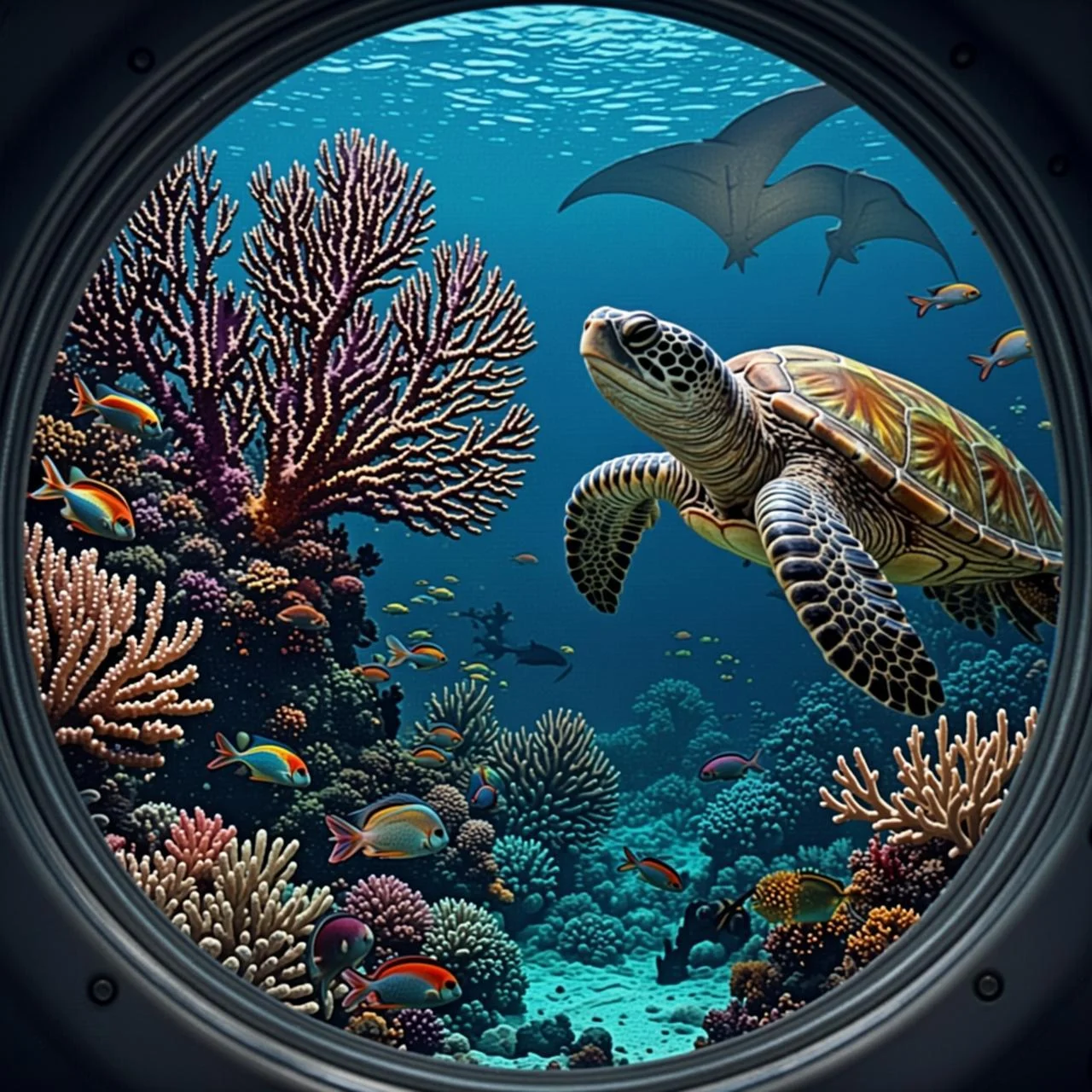 A través de una gran ventana del submarino se ven corales y peces de colores