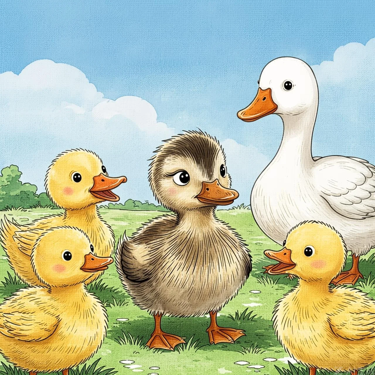 Los otros patos y animales del corral se burlan y picotean al patito gris