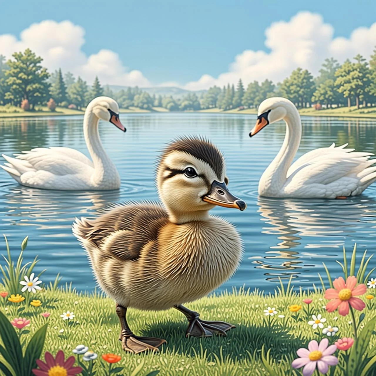 El patito, ya crecido, se acerca a un lago donde nadan unas aves grandes y blancas