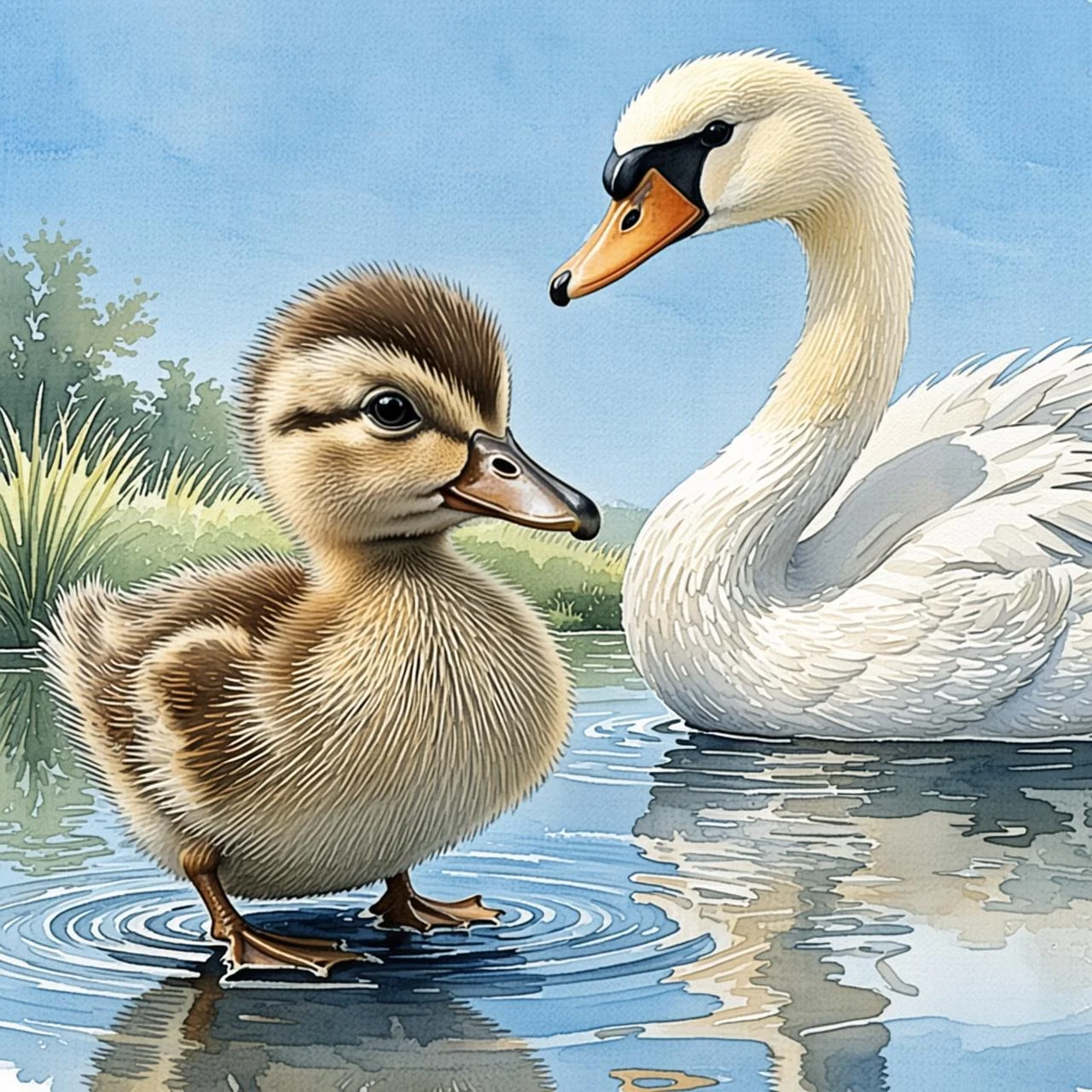 El patito se mira en el reflejo del agua y descubre que se ha convertido en un hermoso cisne blanco