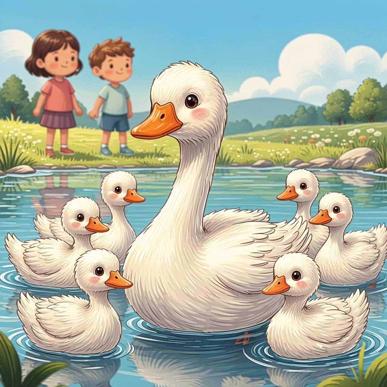 El cisne nada feliz junto a los demás cisnes mientras unos niños los admiran desde la orilla