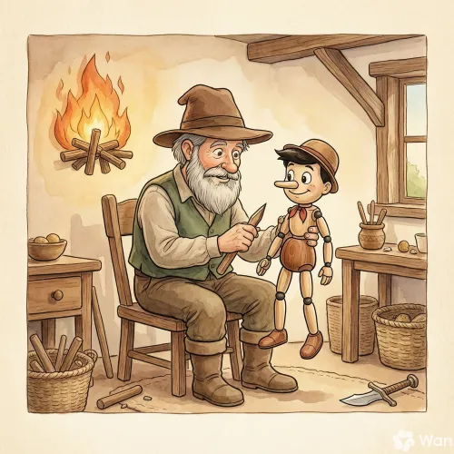 Gepeto talla con cariño a Pinocho, un muñeco de madera con larga nariz, junto a la chimenea