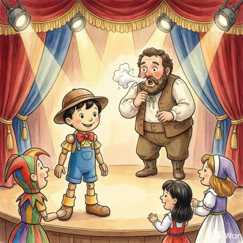 Pinocho en el escenario de un teatro de marionetas junto a un titiritero grande y otros niños mirando