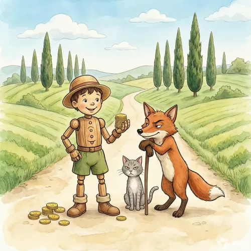 Pinocho con monedas de oro en el camino se encuentra con una zorra astuta y un gato