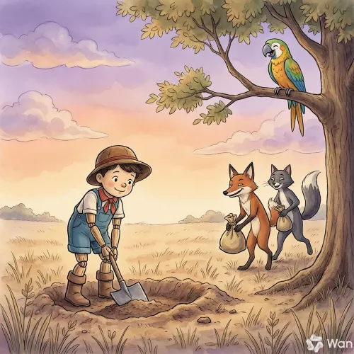 Pinocho cava un hoyo en un campo al atardecer mientras la zorra y el gato observan con bolsas y un loro en un árbol