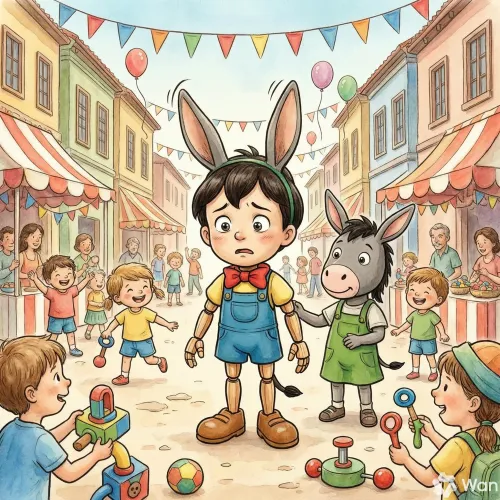Pinocho con orejas de burro en una feria llena de niños jugando, junto a un burrito