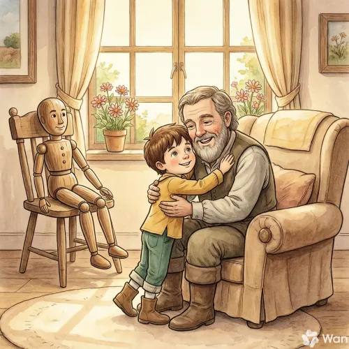 Gepeto abraza feliz a Pinocho convertido en un niño de verdad, con el muñeco de madera vacío sentado en una silla detrás