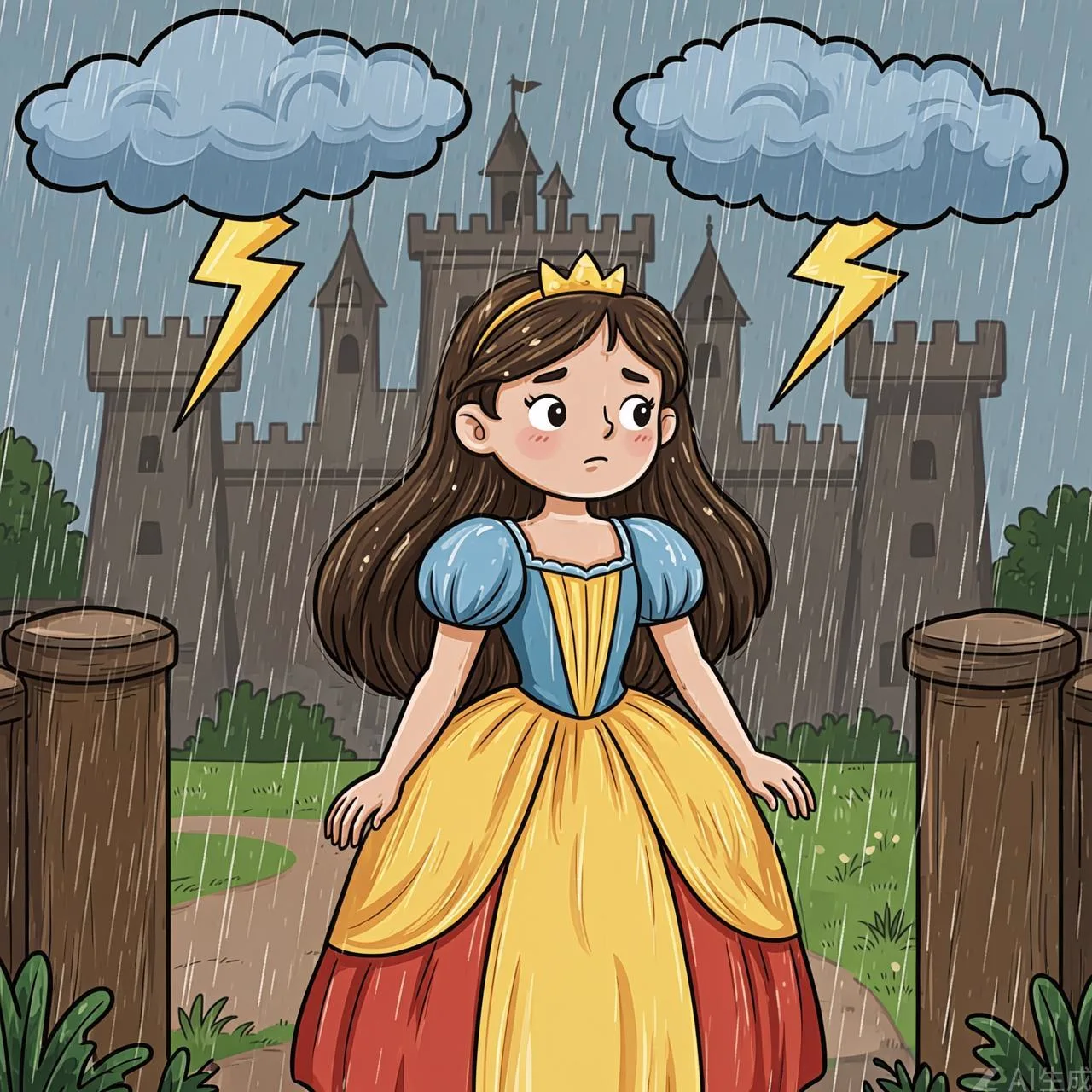 Una joven toca la puerta del castillo durante una fuerte tormenta de lluvia