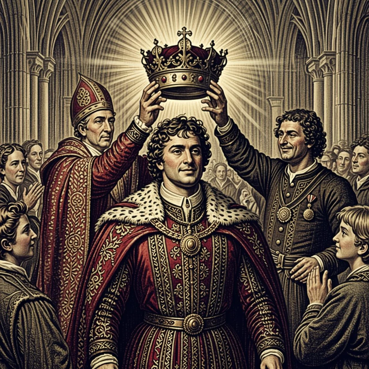 El príncipe Eduardo es coronado rey junto a Tom, ambos felices, el día de la coronación