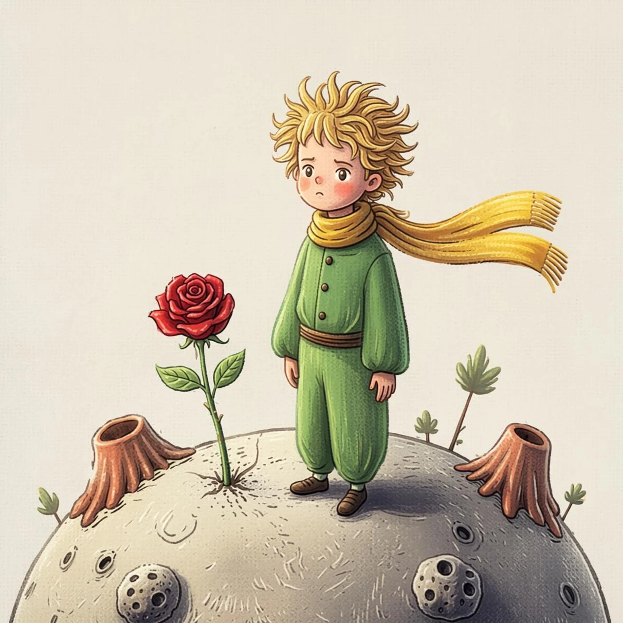 El Principito en su diminuto planeta junto a una rosa roja y dos pequeños volcanes