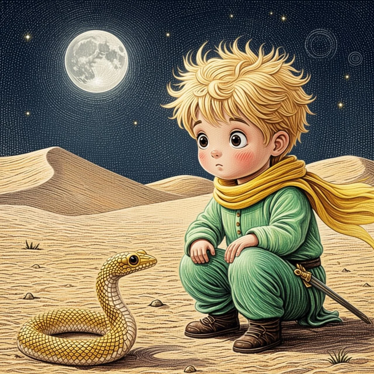 El Principito conversa con una serpiente dorada en el desierto bajo las estrellas