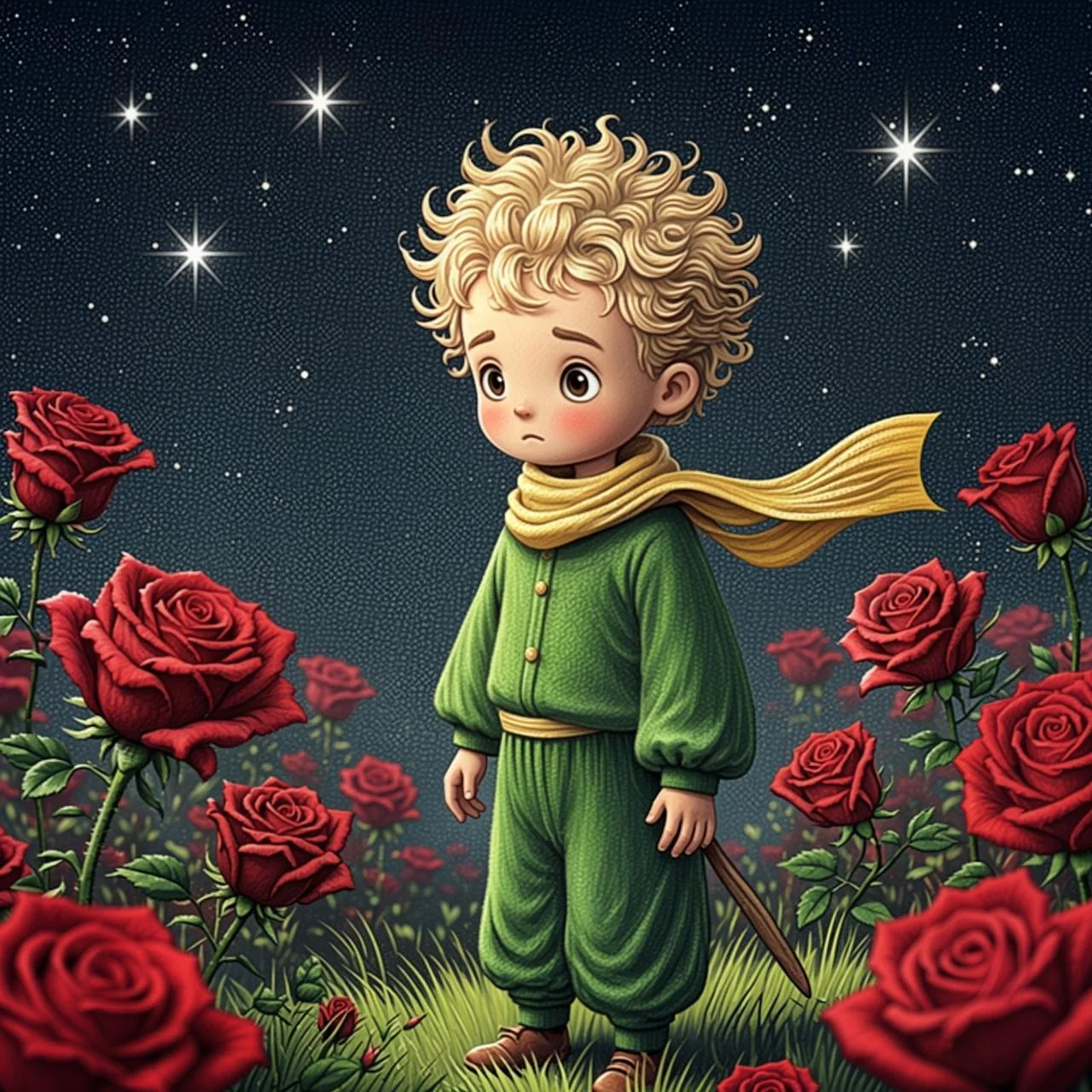 El Principito mira sorprendido y triste un enorme jardín lleno de rosas iguales