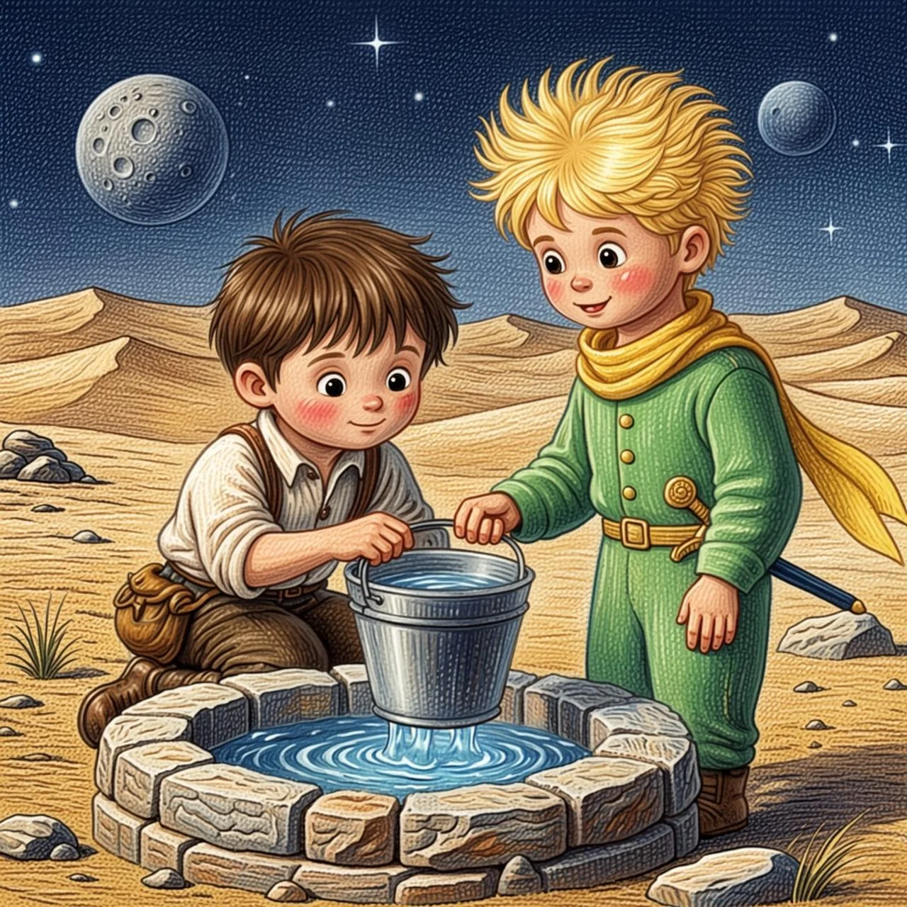 El aviador y el Principito beben agua de un pozo en el desierto al amanecer
