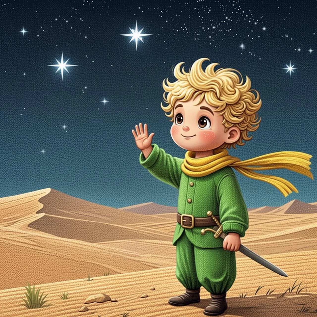 El Principito mira el cielo estrellado mientras el aviador lo despide con nostalgia