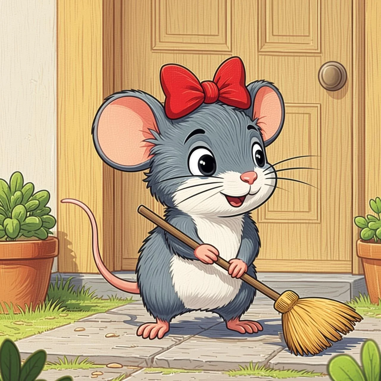 Una ratita gris con delantal barre la puerta de su casita