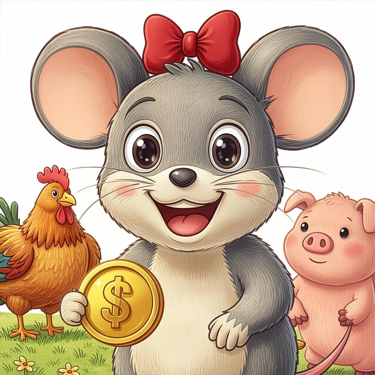 La ratita encuentra una moneda brillante entre el polvo mientras barre
