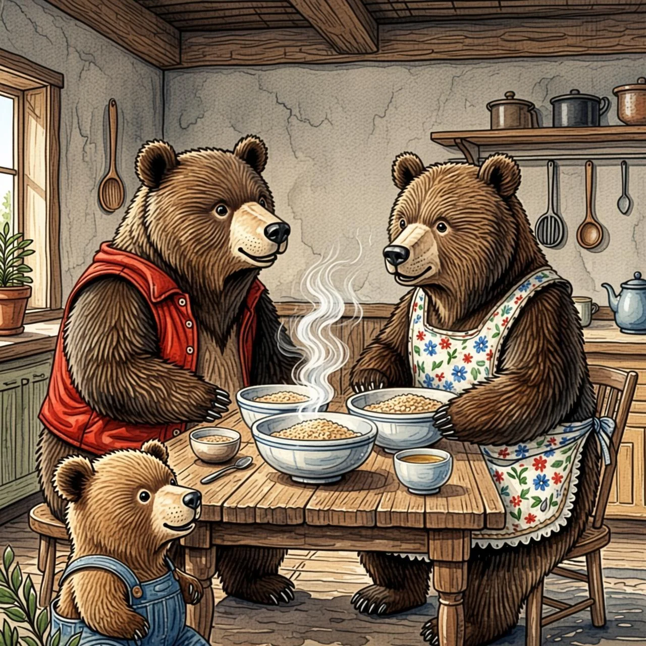 Papá Oso, Mamá Osa y el Osito en su acogedora casita del bosque junto a tres tazones de sopa