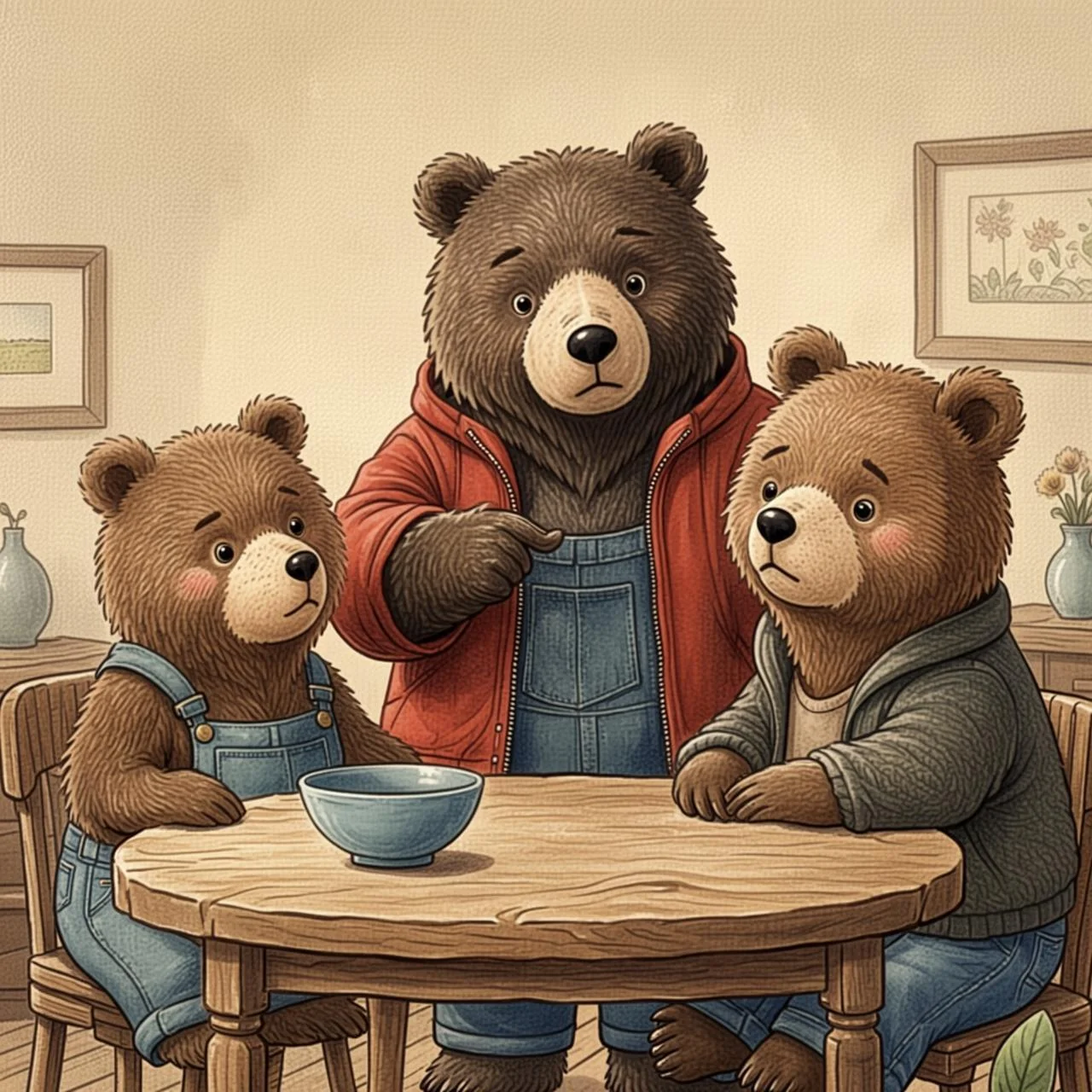Los tres osos descubren sorprendidos que alguien probó sus sopas y rompió la sillita