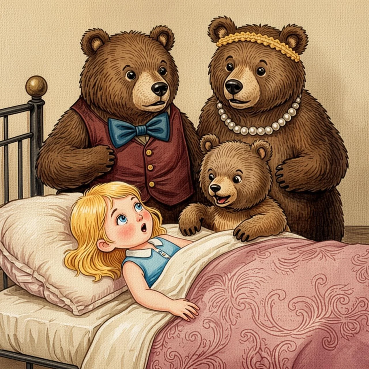 Ricitos de Oro despierta asustada al ver a los tres osos junto a la camita