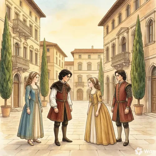 Dos familias nobles de la ciudad de Verona mirándose con enojo en una plaza