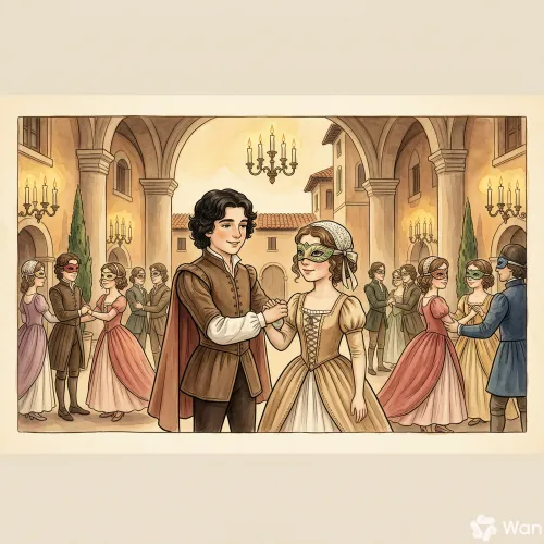 Un elegante baile de máscaras en un gran salón con jóvenes bailando