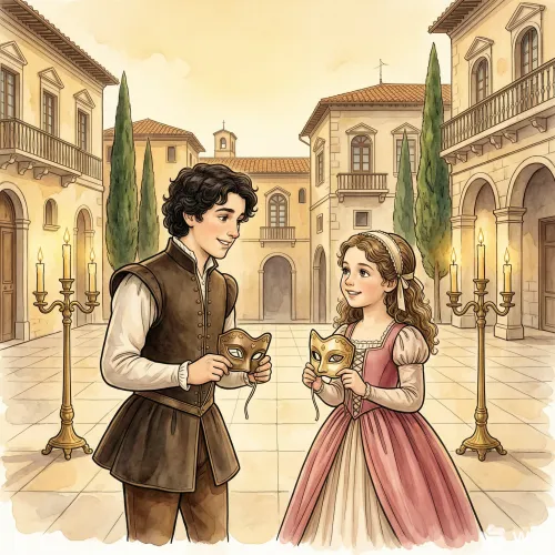 Romeo y Julieta mirándose por primera vez en la fiesta, sorprendidos y felices