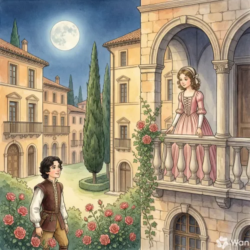 Julieta asomada a un balcón de noche mientras Romeo le habla desde el jardín bajo la luna