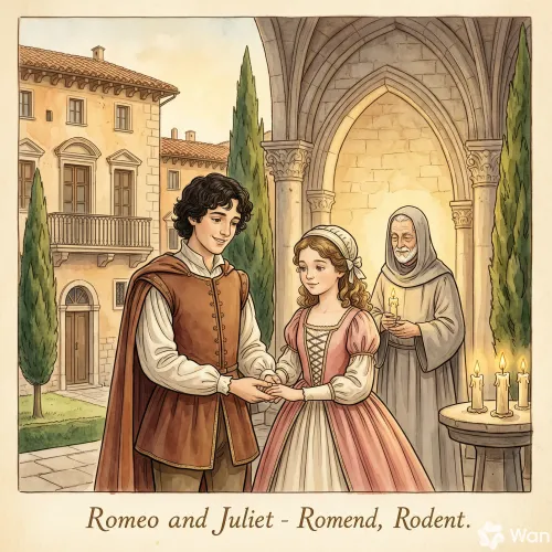 Romeo y Julieta casándose en secreto con la ayuda de un bondadoso fraile en una pequeña capilla