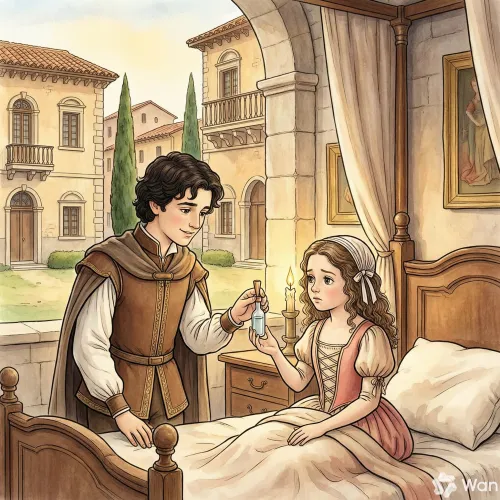 Julieta recibiendo un pequeño frasco con una poción del fraile en su habitación