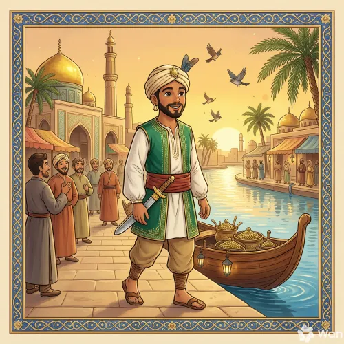 Simbad regresa feliz a la ciudad de Bagdad después de sus aventuras