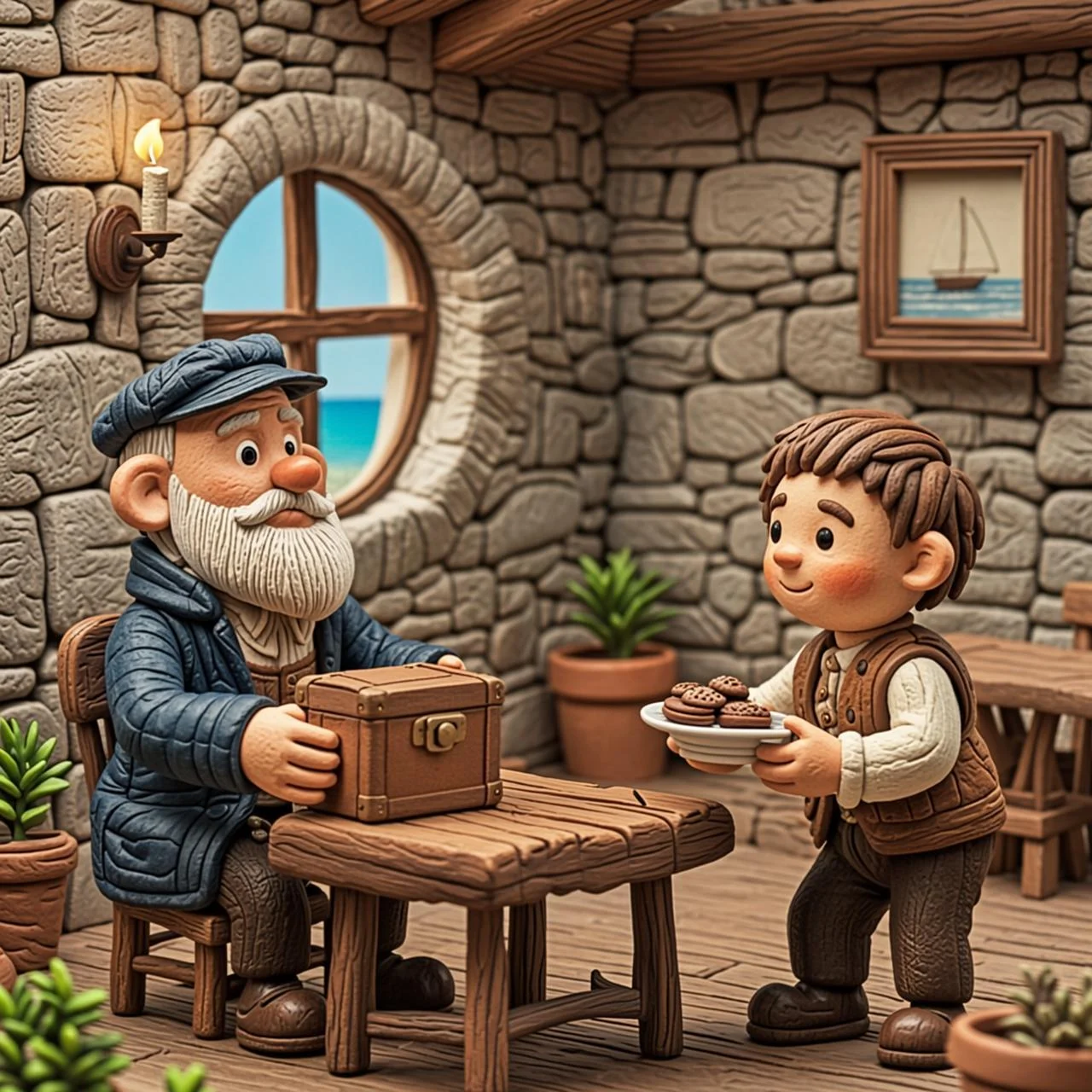 El joven Jim Hawkins en la posada de su familia junto al mar, con un viejo marinero