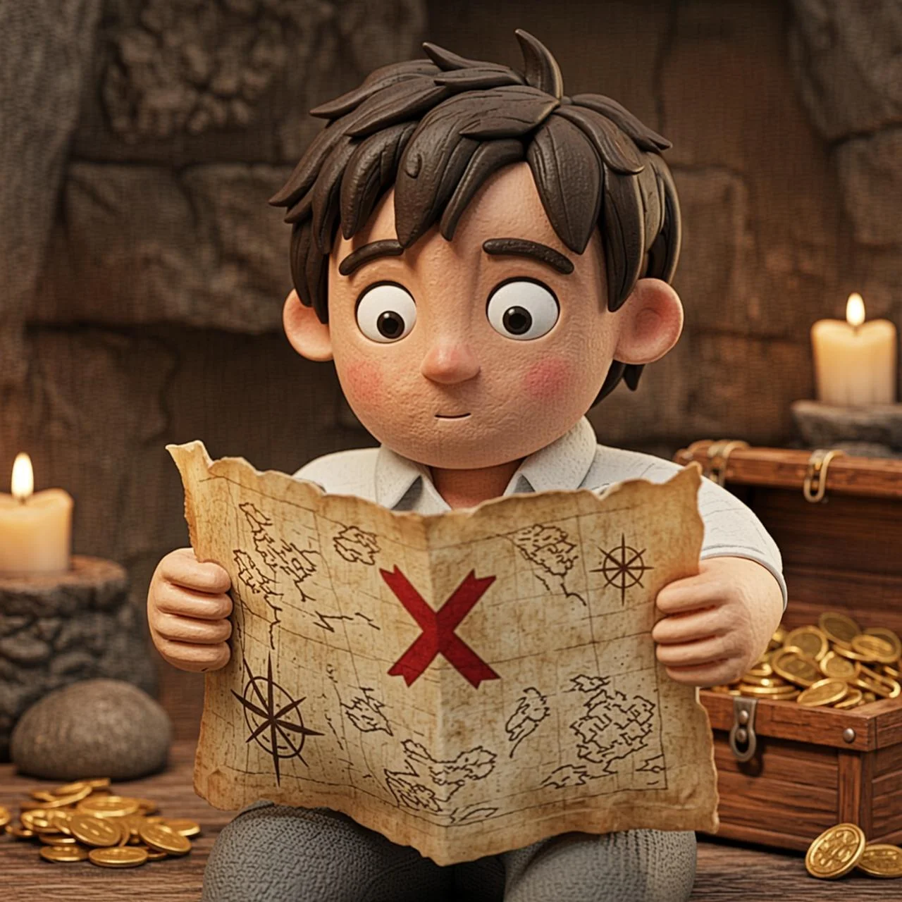 Jim descubre un viejo mapa del tesoro con una gran X marcada