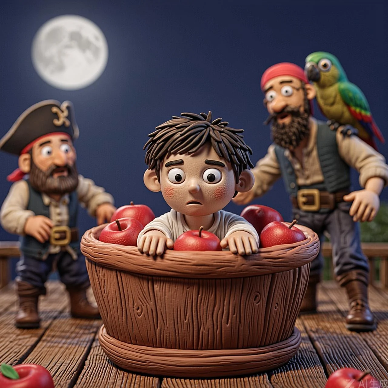Jim escondido dentro de un barril de manzanas escucha el plan de los piratas