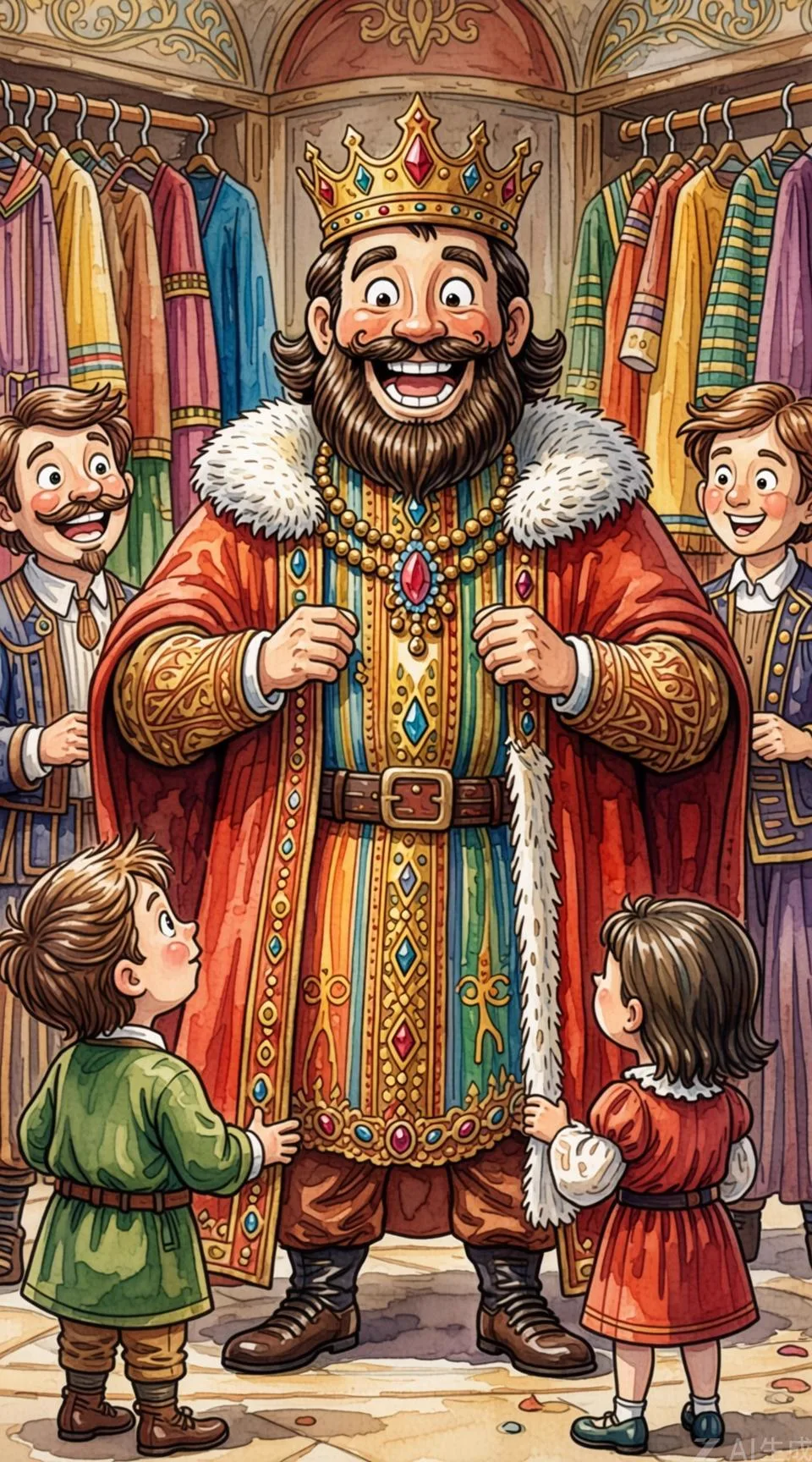 Un emperador se mira feliz frente a un espejo rodeado de muchos trajes elegantes