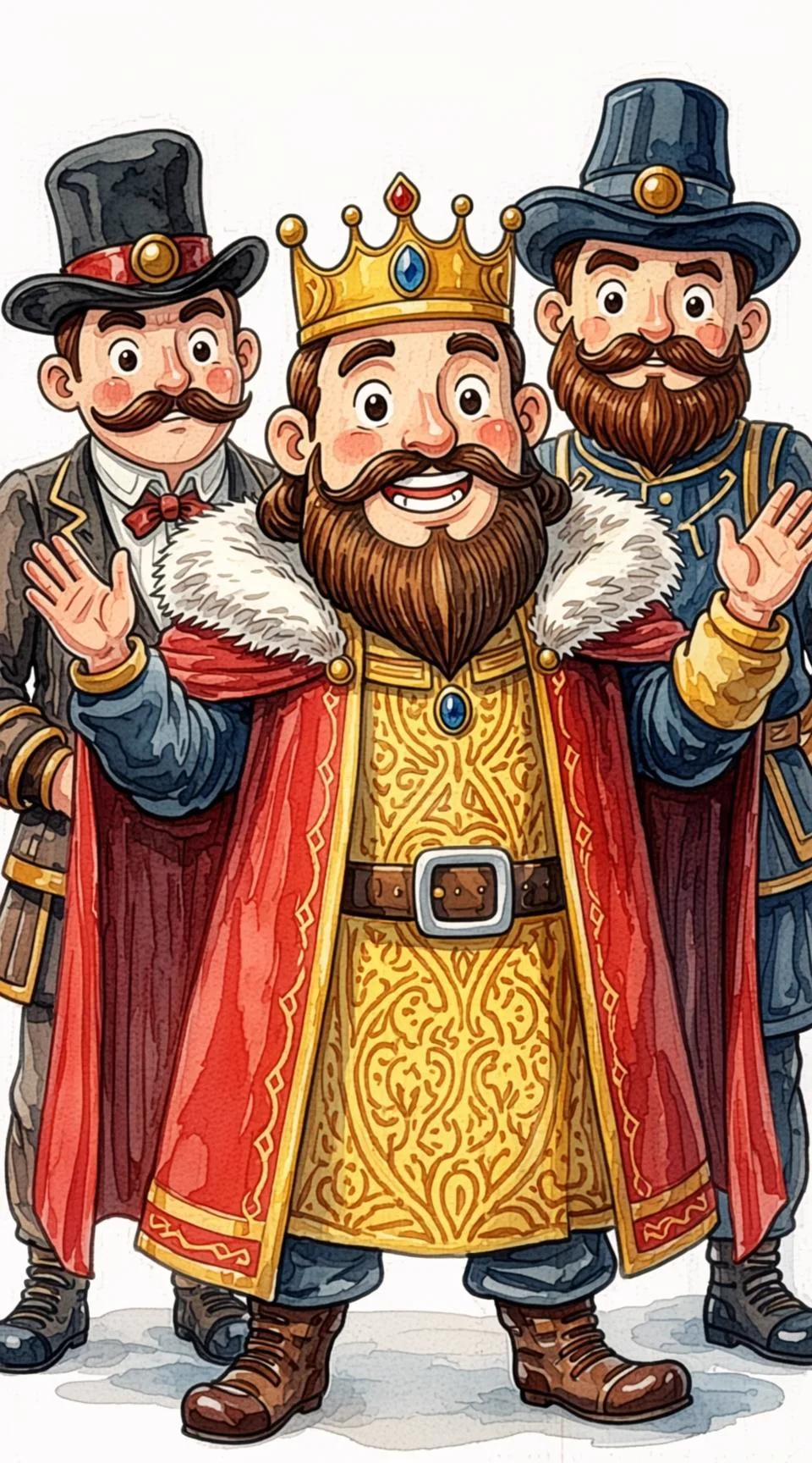 El emperador, algo apenado pero sonriente, se cubre con una capa mientras la gente aplaude al niño valiente