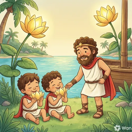 Marineros en una isla tropical comiendo unas flores doradas con cara de sueño