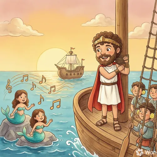 Sirenas cantando sobre unas rocas mientras un barco pasa cerca y un hombre está atado al mástil