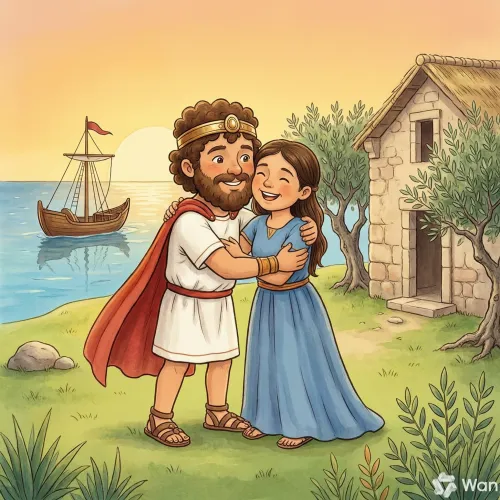 Ulises reencontrándose con su esposa Penélope en la isla de Ítaca al atardecer